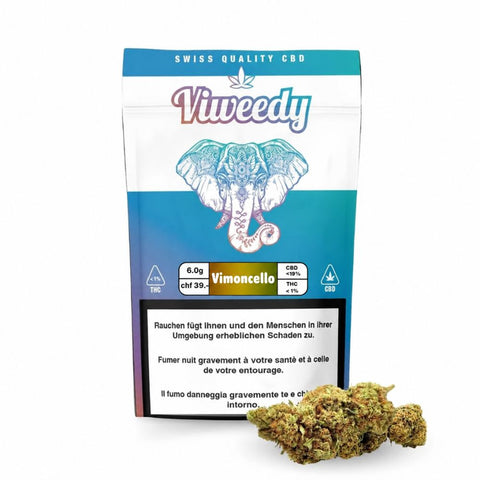 Viweedy Vimoncello CBD Blüten aus Schweizer Indoor-Anbau mit Zitronenaroma und würzigen Haze-Noten, erhältlich in 2 g und 6 g