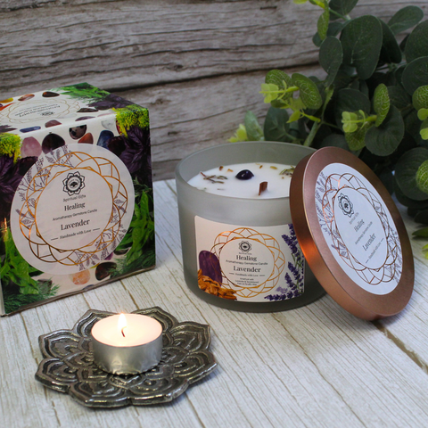 Green Tree Duftkerze Healing Lavendel mit Amethyst - Steinen