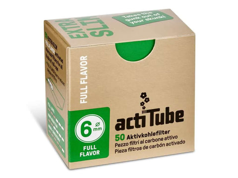 actiTube Extra Slim 6mm Aktivkohlefilter Packung mit 50 Filtern für vollen Geschmack und sanften Zug.