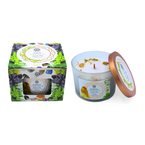 Green Tree Duftkerze Positivity Grüner Tee mit Citrin - Steinen