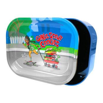 Stylish Girls Scout Cookies tin box rolling tray with colorful skateboarding design, perfect for storage and functionality.