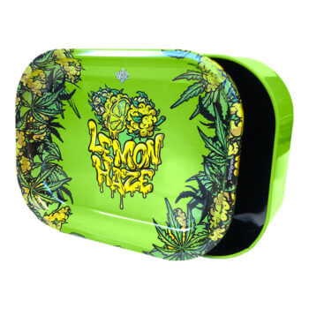 Lemon Haze Tin Box Rolling Tray in vibrant green with cannabis flower design, ideal for storage and rolling.