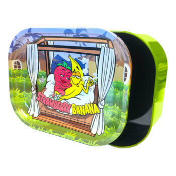 Best Buds Strawberry Banana tin box rolling tray with vibrant graphic design and practical storage compartment.