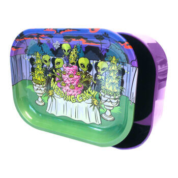 Best Buds Tin Box Rolling Tray with alien wedding design, compact and stylish with storage compartment.