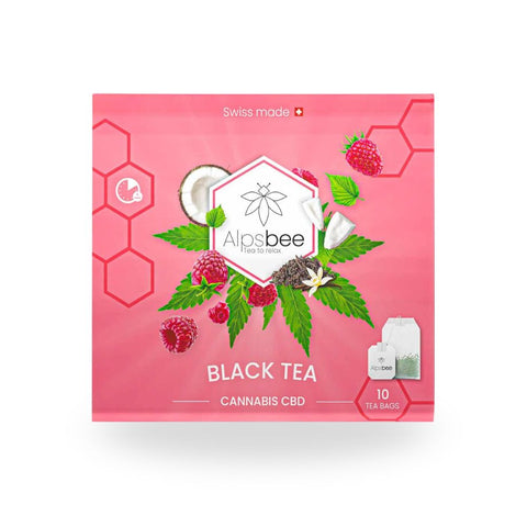 Alpsbee Cannabis Tea`s Black Tea packaging with CBD and herbal ingredients, featuring 10 tea bags in a pink design.