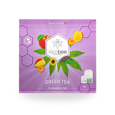 Alpsbee Cannabis Tea`s – Green Tea with Cannabis CBD, Swiss made, 10 tea bags packaging design.