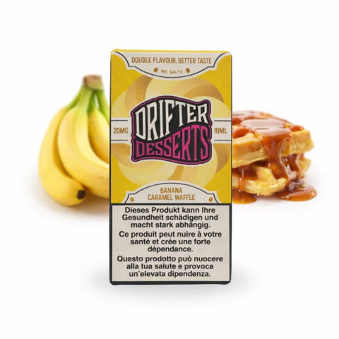 Drifter Bar Salts Banana Caramel Waffle 20mg Liquid with bananas and waffles in the background.