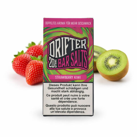 Drifter Bar Salts Strawberry Kiwi 20mg - fruchtiges Nikotinsalz-Liquid mit Erdbeeren und Kiwi in der Verpackung.