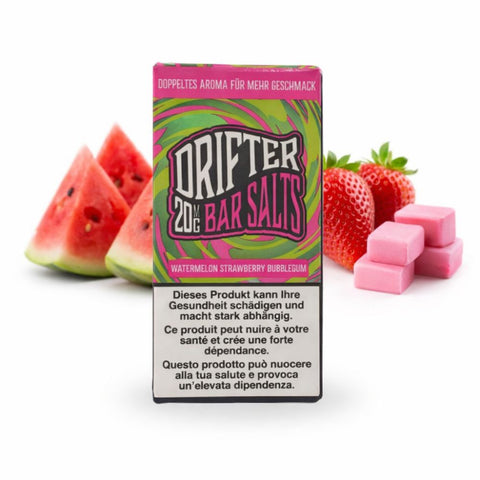 Drifter Bar Salts Watermelon Strawberry Bubblegum 20mg Liquid packaging with watermelon, strawberries, and bubblegum.