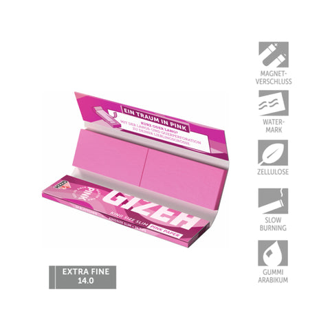 GIZEH Pink King Size Slim papers with filter tips, featuring magnet closure and stylish design.