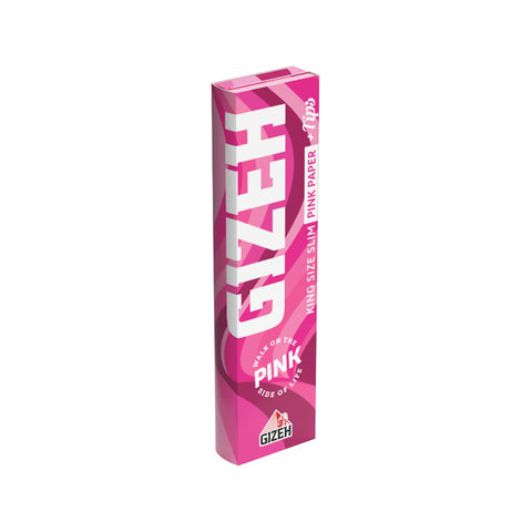 GIZEH pink king size slim papers with filter tips in stylish packaging for quality smoking experience.