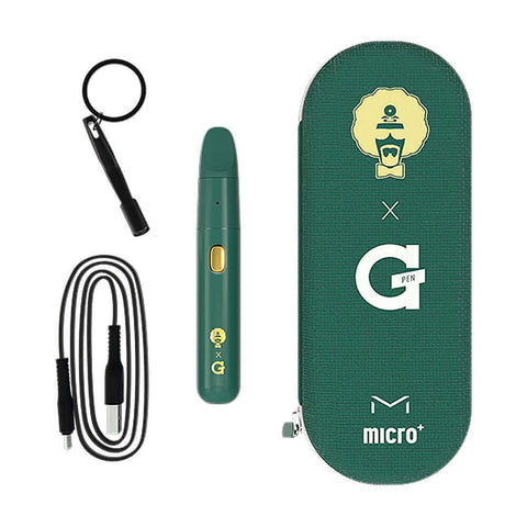G Pen Micro+ Dr. Greenthumbs Edition kit including vape pen, charging cable, and keychain in stylish green case.