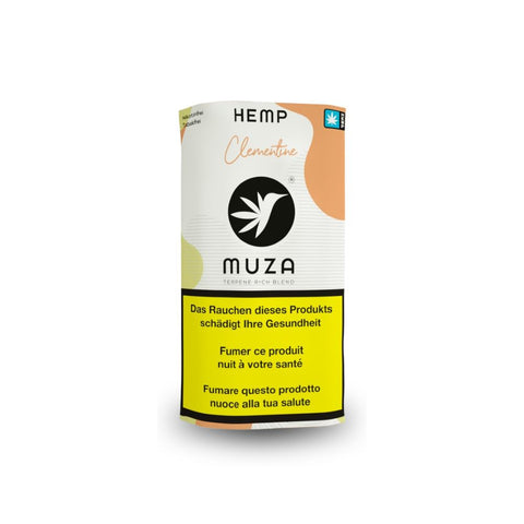MUZAHemp Clementine Tabakersatz Verpackung mit erfrischendem Citrus-Aromaprofil und Gesundheitswarnung.