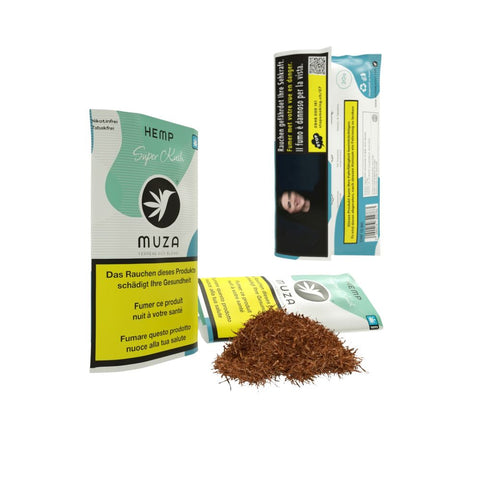 MUZA Hemp Super Kush Tabakersatz Verpackung und Tabakersatz in einer ansprechenden Anordnung