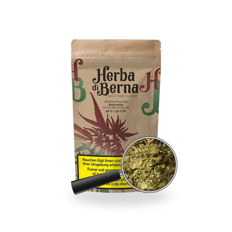 Herba di Berna - Watermelon Outdoor 40g Verpackung mit CBD-Blüten aus dem Tessin im Fokus.