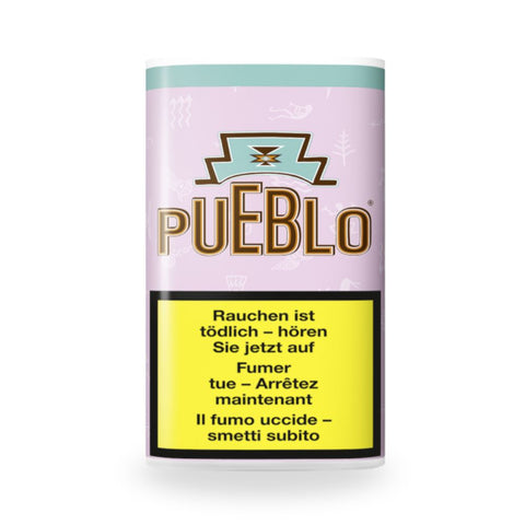 Pueblo Pink Tabak 25 g Dose mit Warnhinweis gegen das Rauchen auf lila Hintergrund.