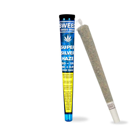 Sweed Pre-Rolled Super Silver Haze in a branded tube with a pre-rolled joint beside it, showcasing intense CBD qualities.