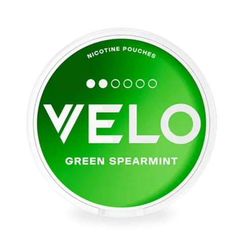 Velo Snus - Alle Sorten, grüne Spearmint Nikotinpouch Dose auf weißem Hintergrund.