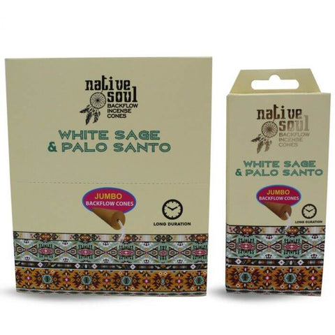 Green Tree Native Soul White Sage & Palo Santo jumbo backflow cones for cleansing and aromatic harmony.