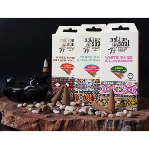 Green Tree Native Soul Jumbo Backflow Cones: White Sage & Lavender, Dragon's Blood, and Palo Santo on display.