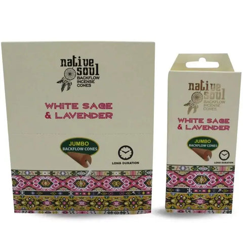 Green Tree Native Soul White Sage & Lavender jumbo backflow incense cones packaging for balance and harmony.