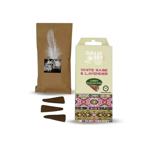 Green Tree Native Soul White Sage & Lavender Jumbo Backflow Cones with packaging and cones on display.