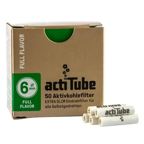 Actitube Extra Slim 6mm activated charcoal filters in a pack of 50, designed for full flavor enjoyment.