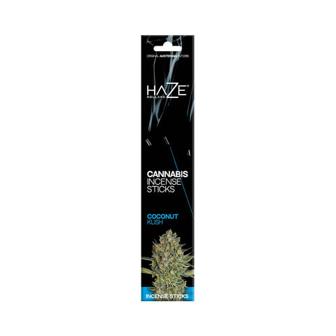 HaZe Cannabis Incense Sticks Coconut Kush packaging with vibrant design and product details.