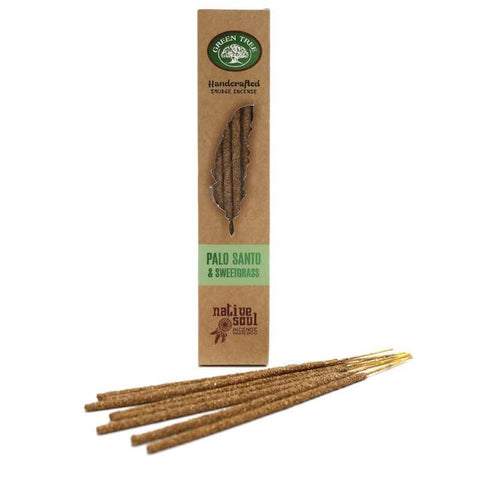 Green Tree Palo Santo & Sweet Grass incense sticks packaging with incense sticks arranged in front.