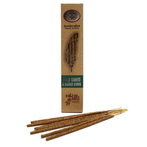 Native Soul Palo Santo & Sacred Herbs incense sticks in eco-friendly packaging by Green Tree for cleansing and relaxation.