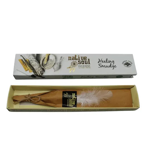Green Tree Native Soul Healing Smudge incense sticks with packaging, featuring White Sage and Palo Santo.