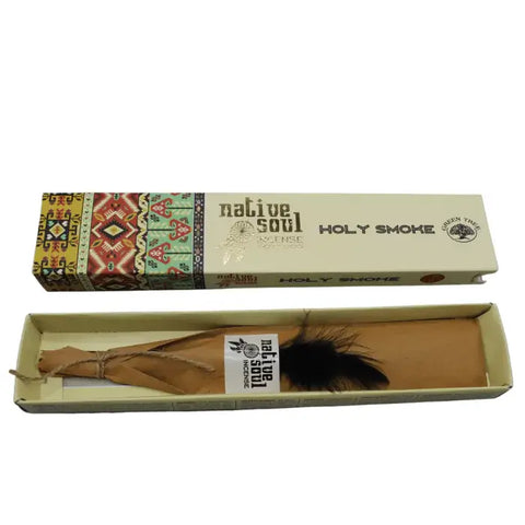Packaging of Green Tree Native Soul Holy Smoke incense sticks, featuring intricate designs and natural elements.