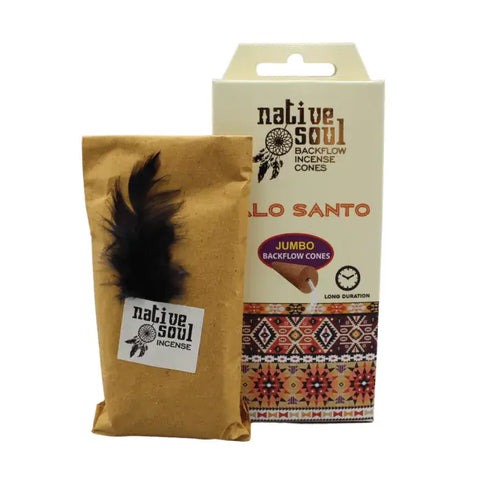 Green Tree Native Soul Jumbo Palo Santo backflow cones packaging with decorative feather and branding.