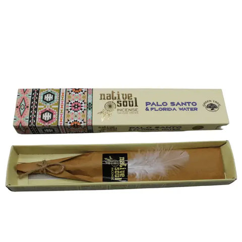 Native Soul Palo Santo & Florida Water incense packaging with feather, perfect for cleansing and meditation.