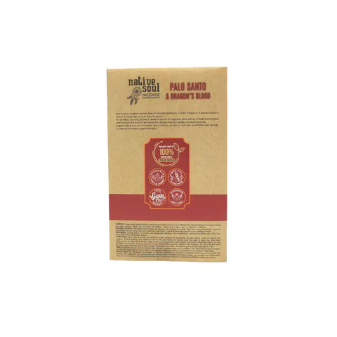 Native Soul Palo Santo & Dragons Blood incense box by Green Tree, featuring eco-friendly and natural product labels.