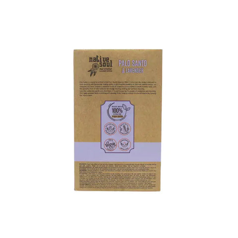 Native Soul Palo Santo & Lavender incense packaging by Green Tree, showcasing eco-friendly certifications and product details.