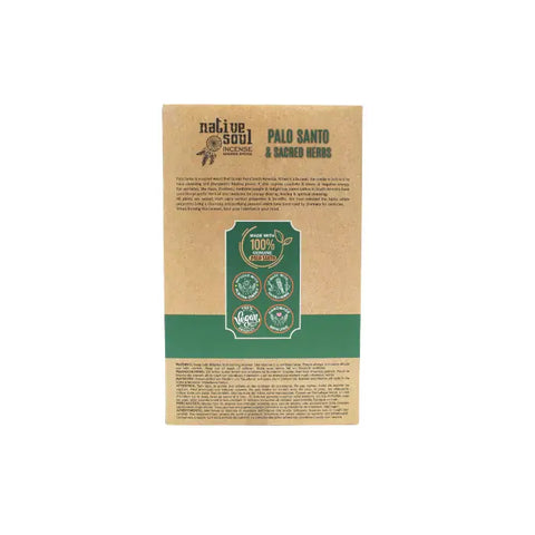 Native Soul Palo Santo & Sacred Herbs incense packaging by Green Tree, featuring eco-friendly symbols and product details.