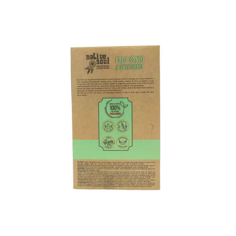 Native Soul Palo Santo & Sweet Grass incense packaging by Green Tree, featuring sustainability and natural ingredients.
