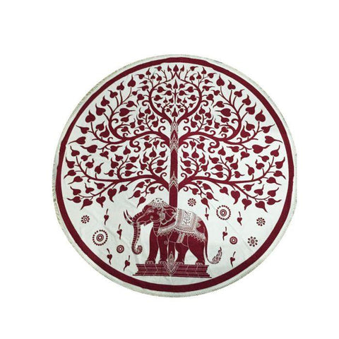 CBD & Räucherwerk Online Shop Schweiz | Runder Baumwoll Teppich Elefant mit Baum rot
 findest du im Viweedy Store in Basel