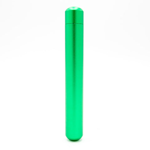 Green metal joint tube for odor-proof storage of joints and cigars, lightweight and durable design.