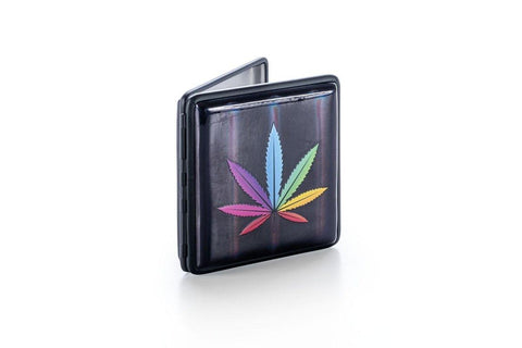 CBD & Räucherwerk Online Shop Schweiz | Zigaretten Etui "Angelo" aus Metall mit einem Hanf-Blatt Sujet
 findest du im Viweedy Store in Basel
